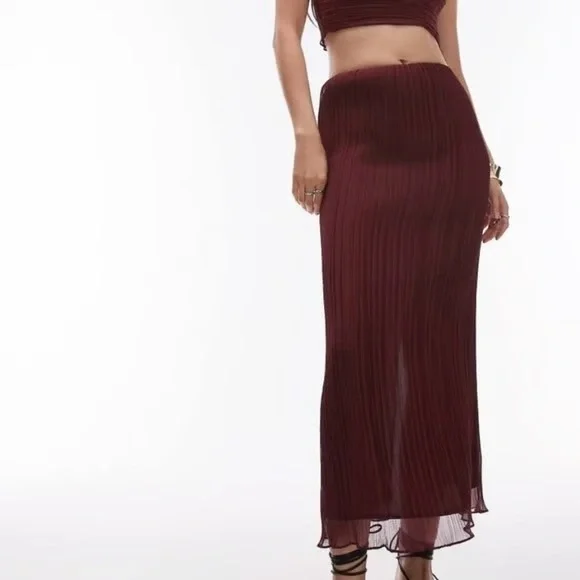 Topshop Plisse Straight Midi Skirt | Burgundy NWOT US6 UK10 - Picture 1 of 5